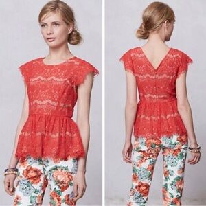 Maeve Anthropologie Katrine Orange Lace Cap Sleeve Peplum Top Blouse Size Medium